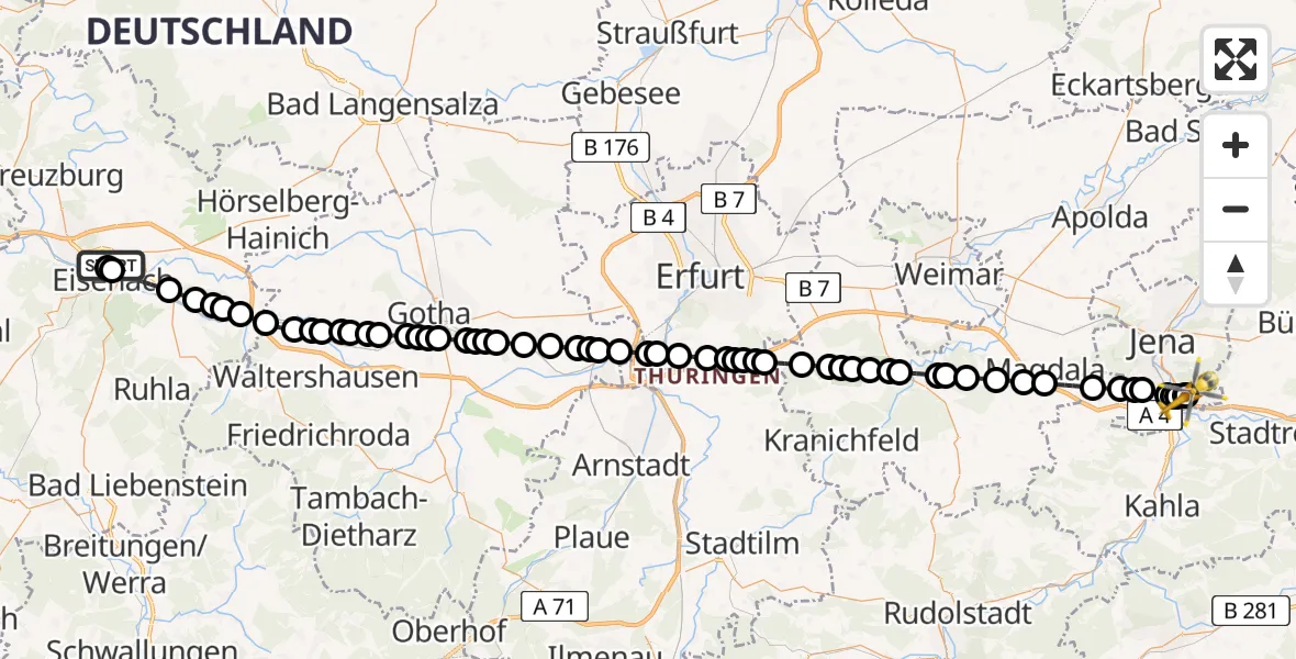 Flugroute Ambulanzhubschrauber Sankt Georg Hospital Eisenach - Jena University Hospital, 08 März 2026, 03:54