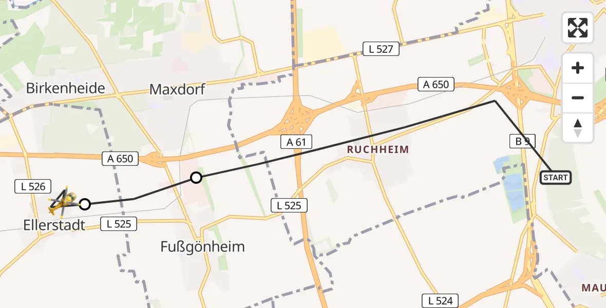 Flugroute Rettungshubschrauber Ludwigshafen am Rhein - Ellerstadt, 08 März 2026, 06:12