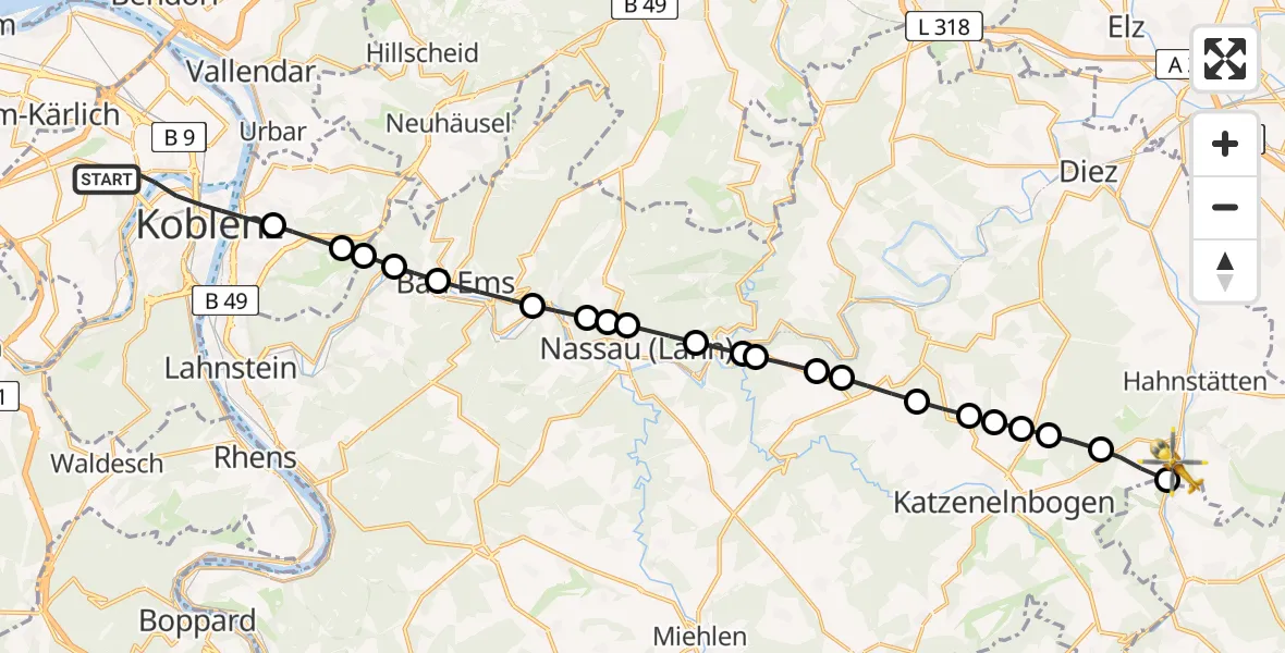 Routekaart van de vlucht: Rettungshubschrauber nach Zollhaus, Limburger Straße