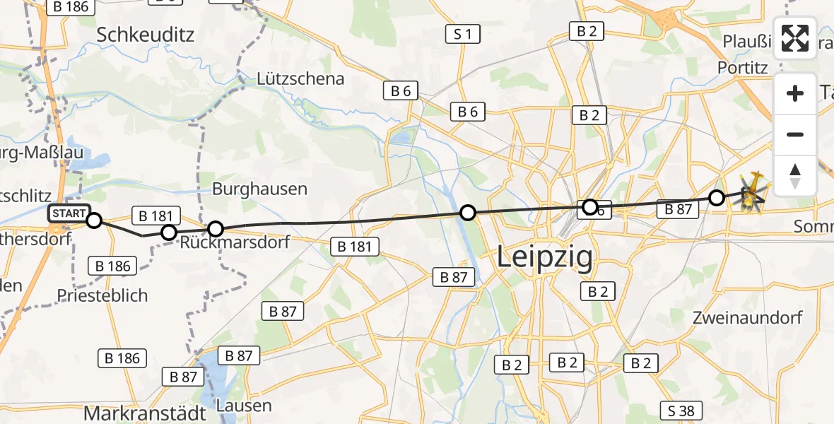 Flugroute Rettungshubschrauber ADAC Air Rescue Station Leipzig/Schkeuditz-Dölzig Heliport (Christoph 61) - Ost, 08 März 2026, 06:16