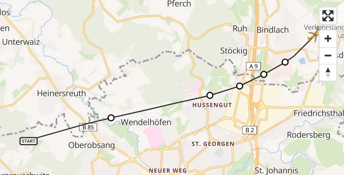Routekaart van de vlucht: Rettungshubschrauber nach Bayreuth Airport