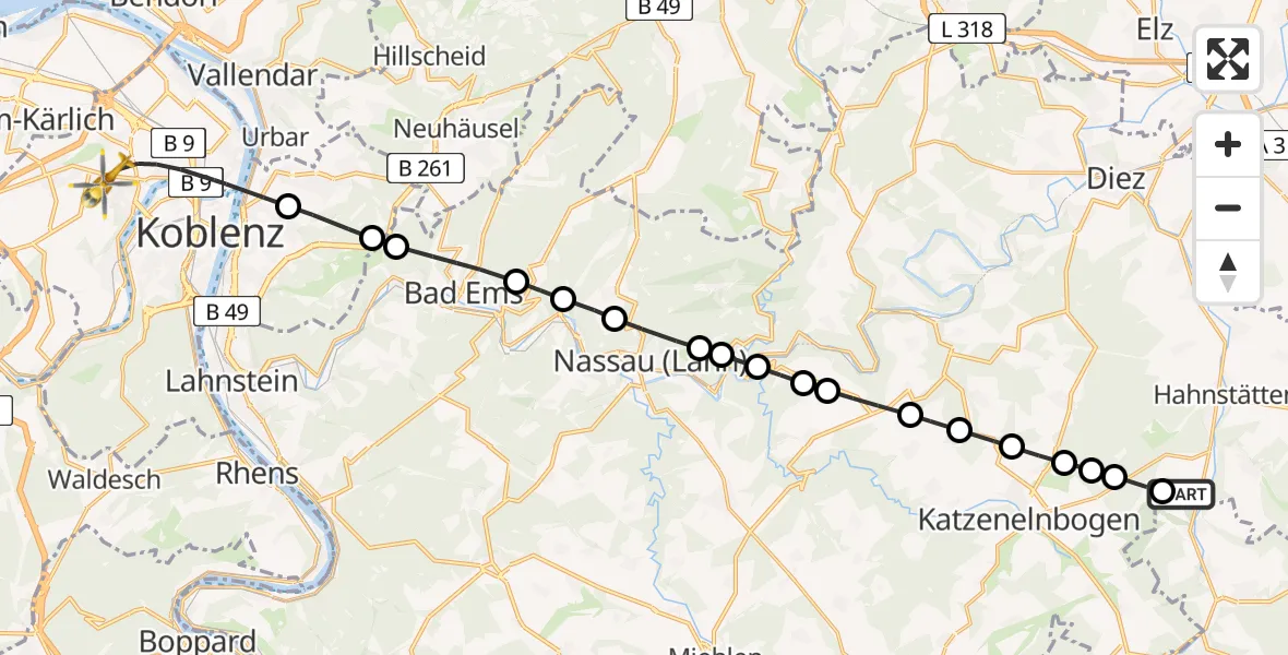 Flugroute Rettungshubschrauber Zollhaus - Koblenz, 08 März 2026, 07:01