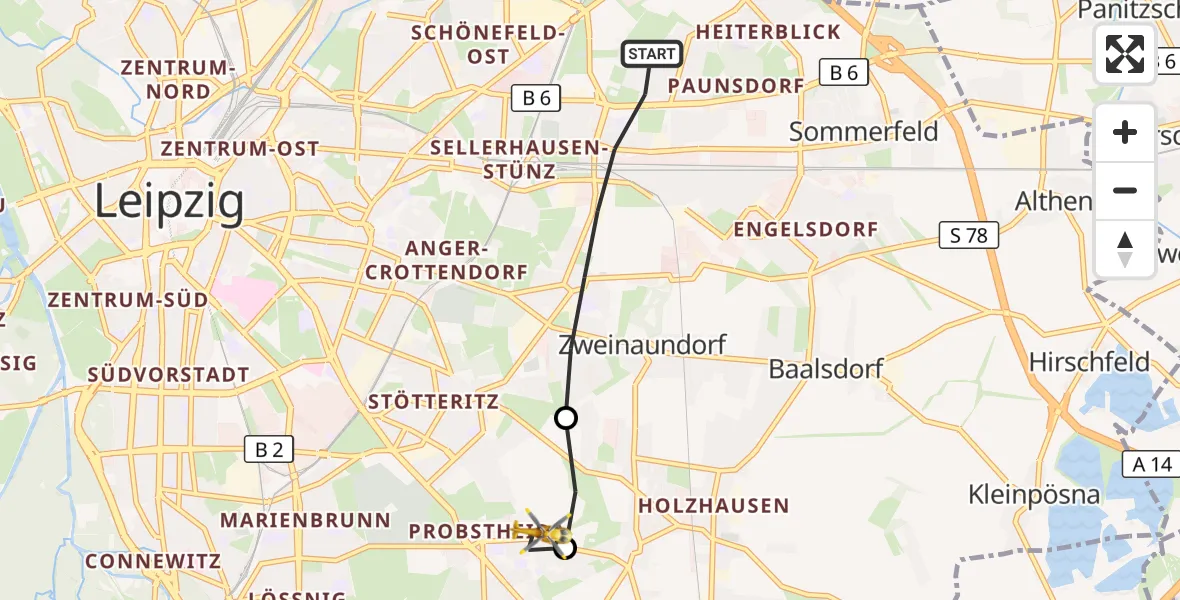 Flugroute Rettungshubschrauber Ost - Leipzig Heart Center Ground Heliport, 08 März 2026, 07:02