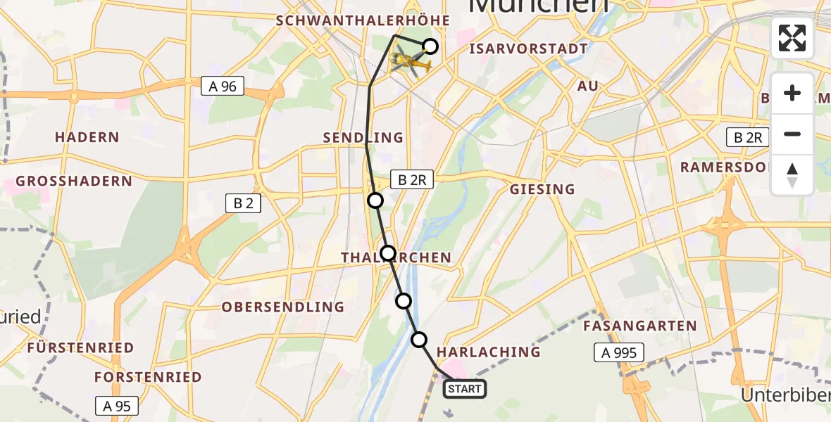 Flugroute Rettungshubschrauber ADAC Air Rescue Center Heliport (Christoph 1) - Ludwigsvorstadt-Isarvorstadt, 08 März 2026, 07:25