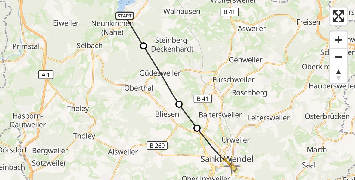 Flugroute Rettungshubschrauber Nohfelden - Sankt Wendel, 08 März 2026, 07:37