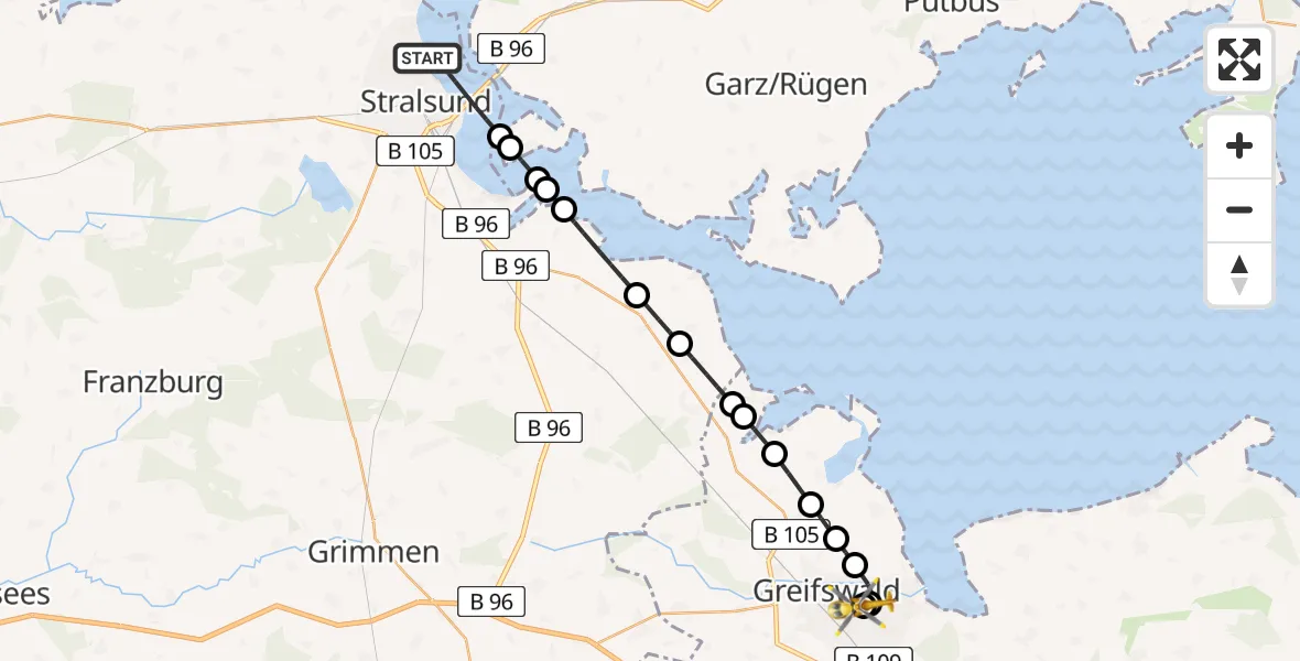 Flugroute Rettungshubschrauber Stralsund - Greifswald Hospital, 08 März 2026, 07:48