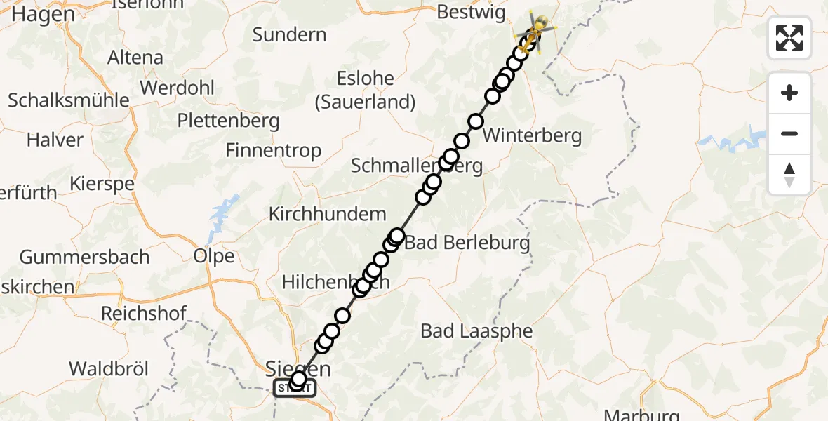 Flugroute Rettungshubschrauber Evangelisches Jung-Stilling Hospital - Elleringhausen, 08 März 2026, 07:56