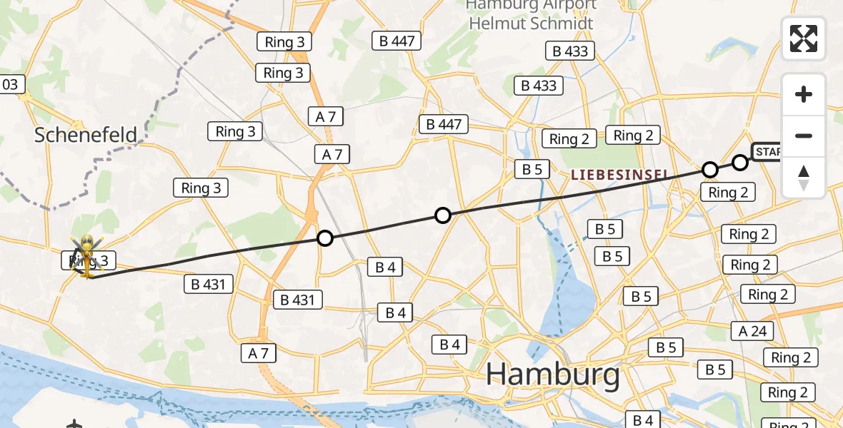 Flugroute Rettungshubschrauber Hamburg Military Hospital - Altona, 08 März 2026, 08:01