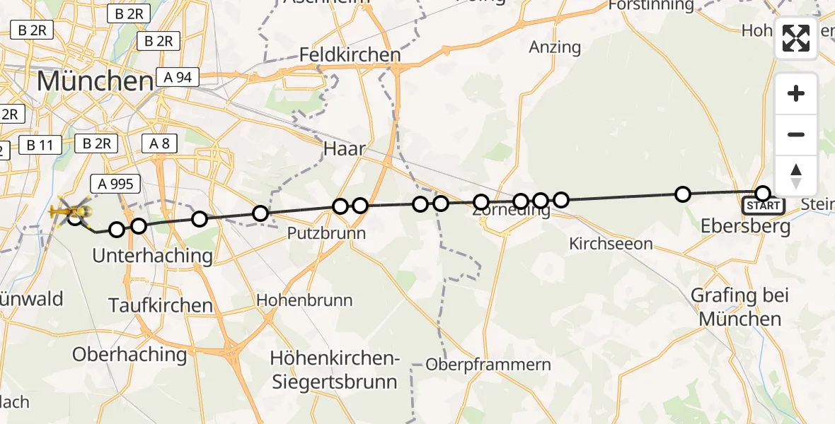 Flugroute Rettungshubschrauber Oberndorf - ADAC Air Rescue Center Heliport (Christoph 1), 08 März 2026, 08:02