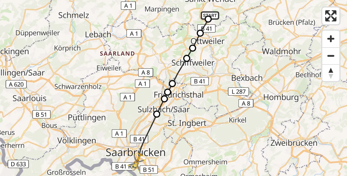 Flugroute Rettungshubschrauber Oberlinxweiler - Saarbrücken, 08 März 2026, 08:08