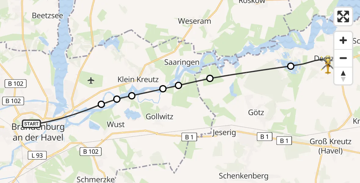 Routekaart van de vlucht: Rettungshubschrauber nach Deetz, Große Bergstraße