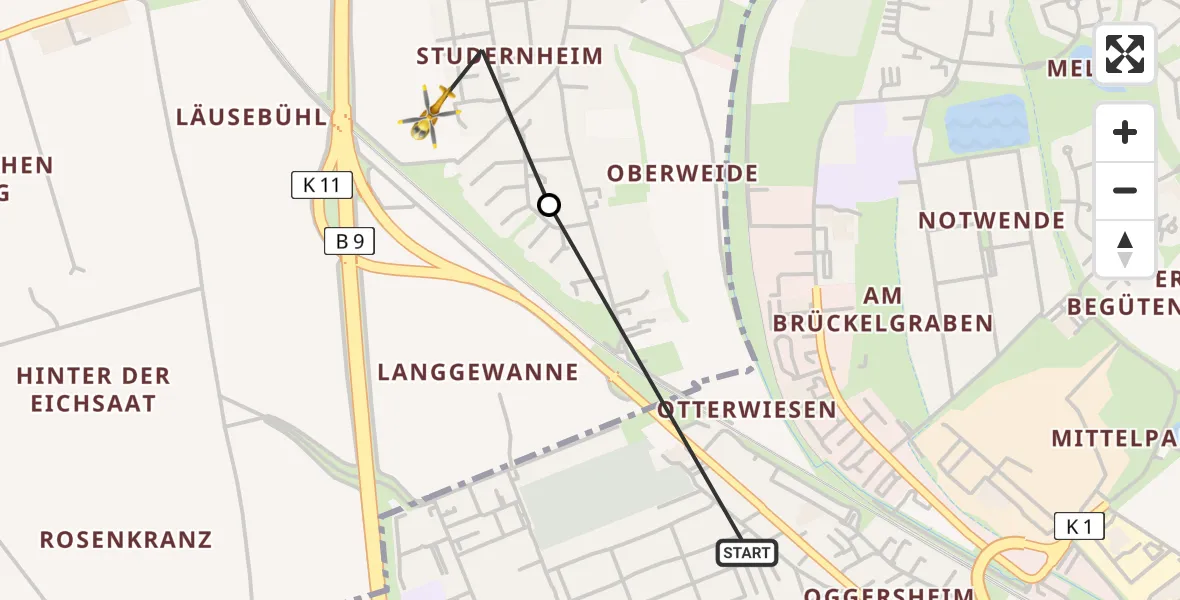 Routekaart van de vlucht: Rettungshubschrauber nach Frankenthal (Pfalz), Dietrich-Bonhoeffer-Straße