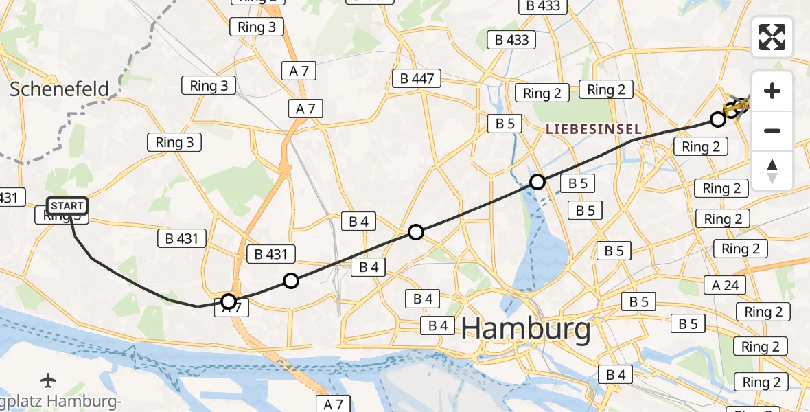 Flugroute Rettungshubschrauber Altona - Hamburg Military Hospital, 08 März 2026, 08:18