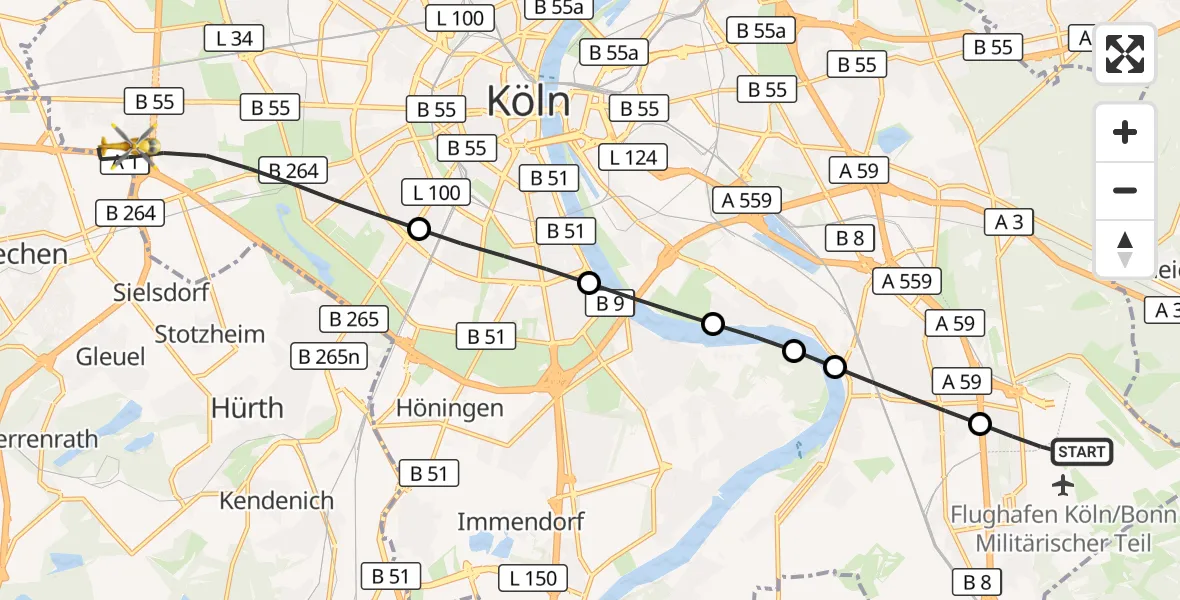 Flugroute Rettungshubschrauber Cologne Bonn Airport - Lindenthal, 08 März 2026, 08:23