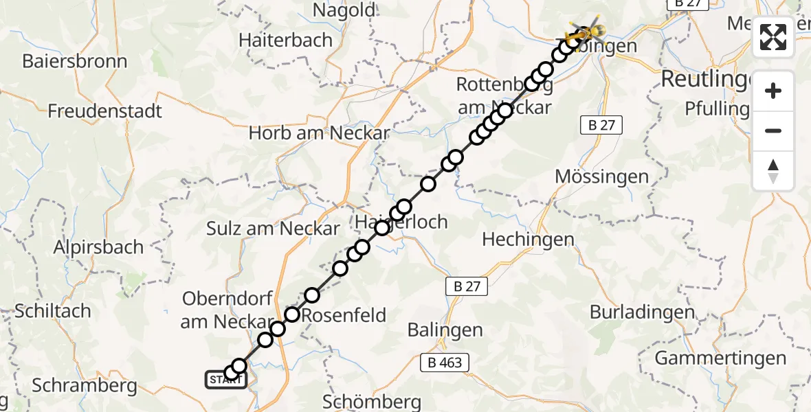 Flugroute Rettungshubschrauber Herrenzimmern - Tübingen University Hospital, 08 März 2026, 08:37