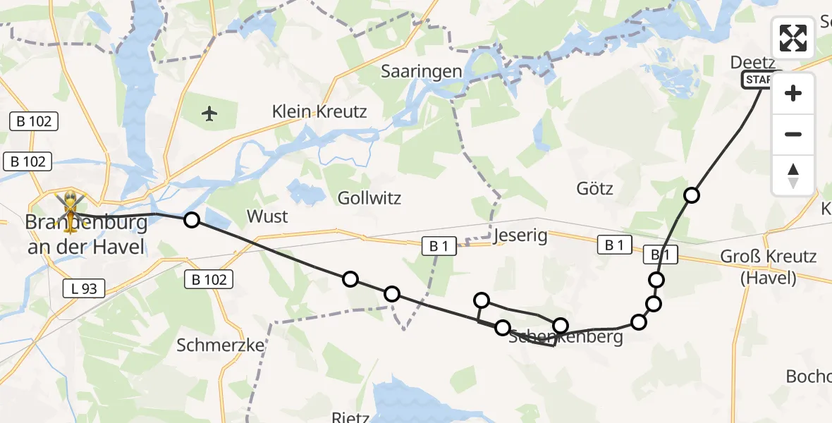 Flugroute Rettungshubschrauber Deetz - Brandenburg an der Havel, 08 März 2026, 08:44