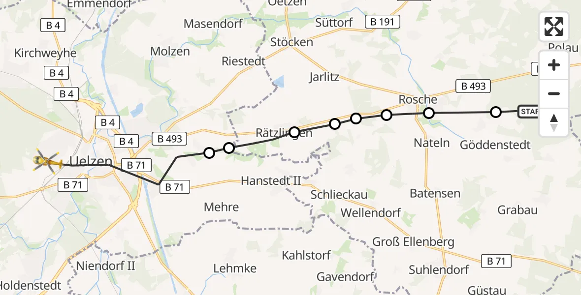 Flugroute Rettungshubschrauber Göddenstedt - Uelzen, 08 März 2026, 08:53
