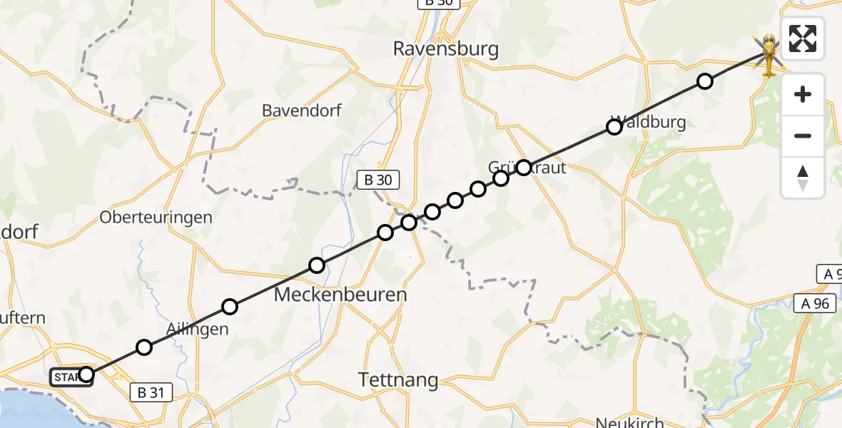 Flugroute Rettungshubschrauber Friedrichshafen Hospital - Vogt, 08 März 2026, 09:02