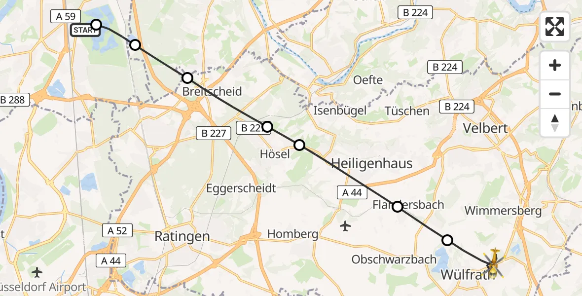Flugroute Rettungshubschrauber Duisburg Air Rescue Heliport (Christoph 9) - Wülfrath, 08 März 2026, 09:09