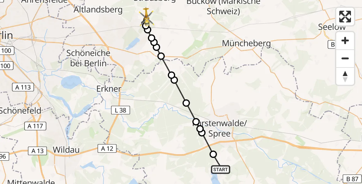 Flugroute Rettungshubschrauber Bad Saarow - Strausberg, 08 März 2026, 09:12