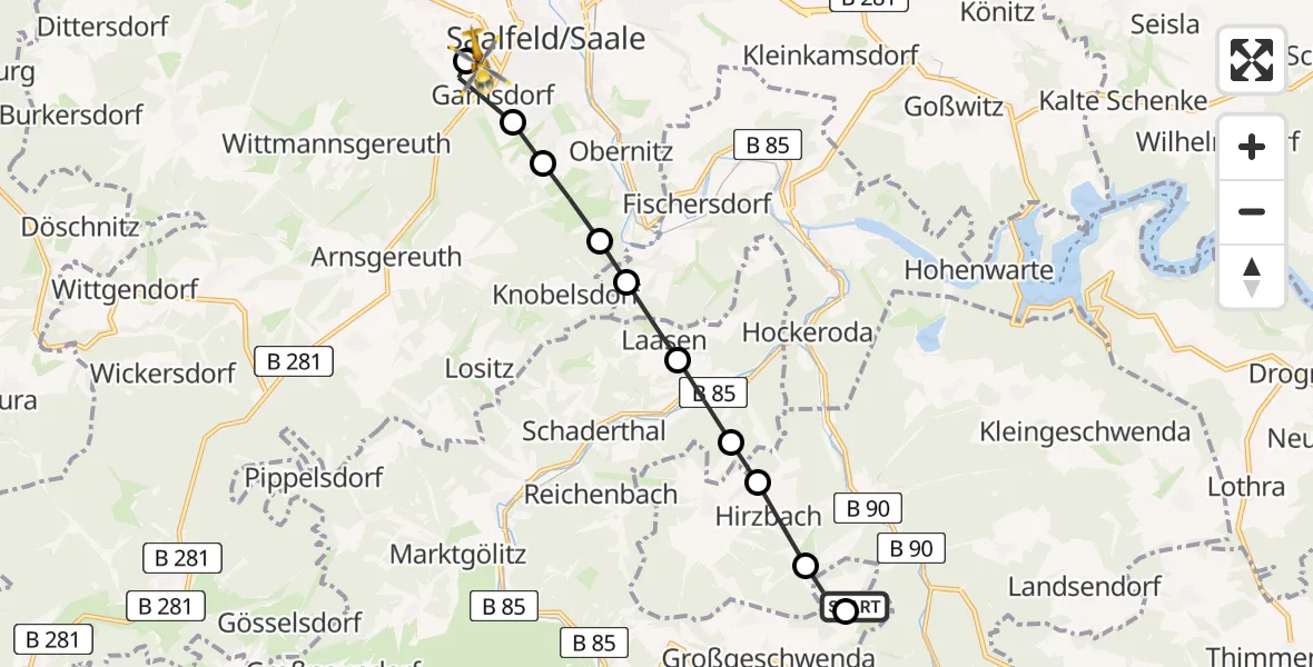 Routekaart van de vlucht: Rettungshubschrauber nach Thuringia Hospital Saalfeld