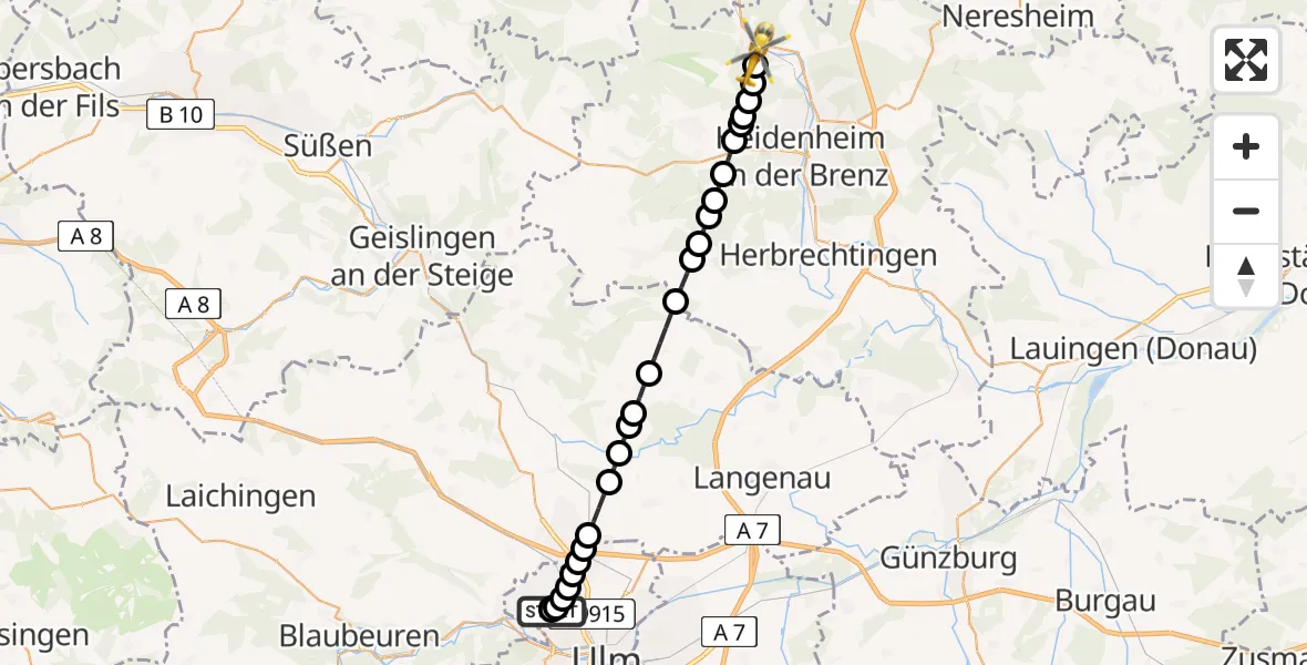 Flugroute Rettungshubschrauber Ulm Military Hospital Emergency - Königsbronn, 08 März 2026, 09:22