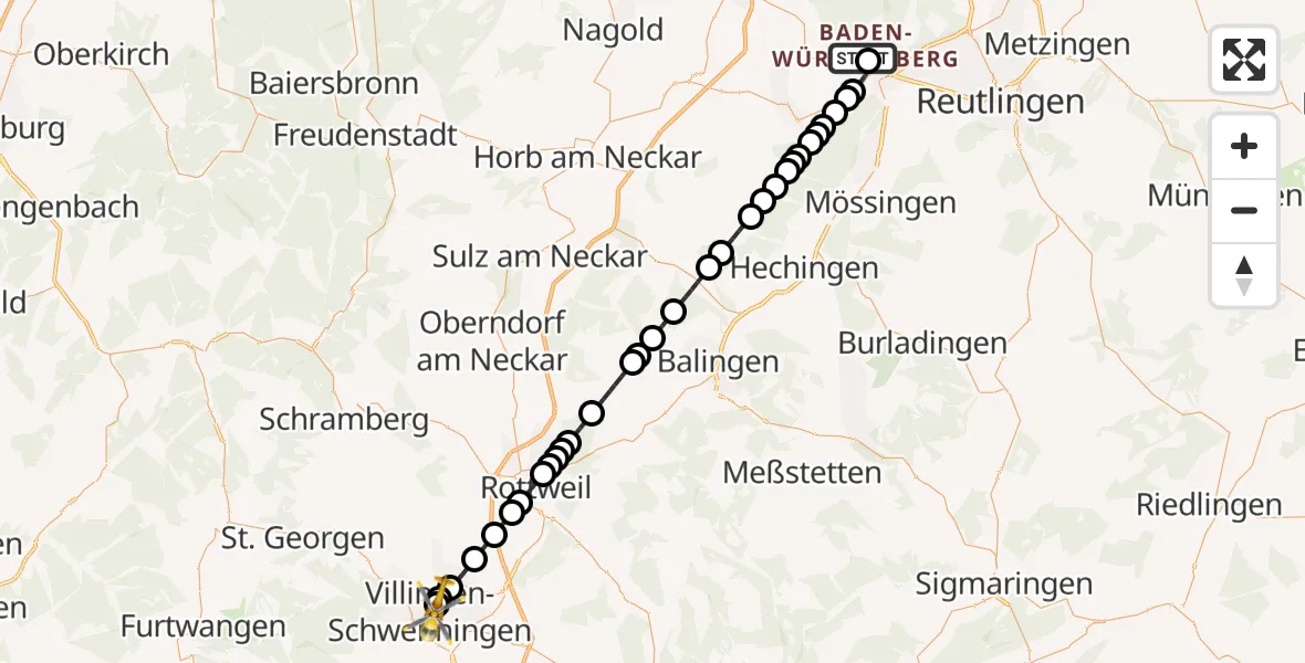 Flugroute Rettungshubschrauber Tübingen University Hospital - DRF Air Rescue Station Villingen-Schwenningen Heliport (Christoph 11), 08 März 2026, 09:23