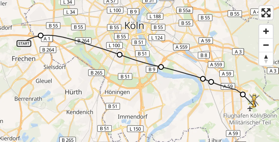 Flugroute Rettungshubschrauber Frechen - Cologne Bonn Airport, 08 März 2026, 09:33
