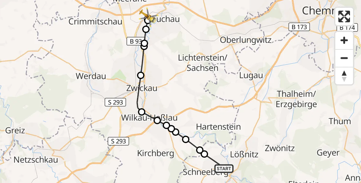 Flugroute Rettungshubschrauber Aue-Bad Schlema - Glauchau, 08 März 2026, 09:34