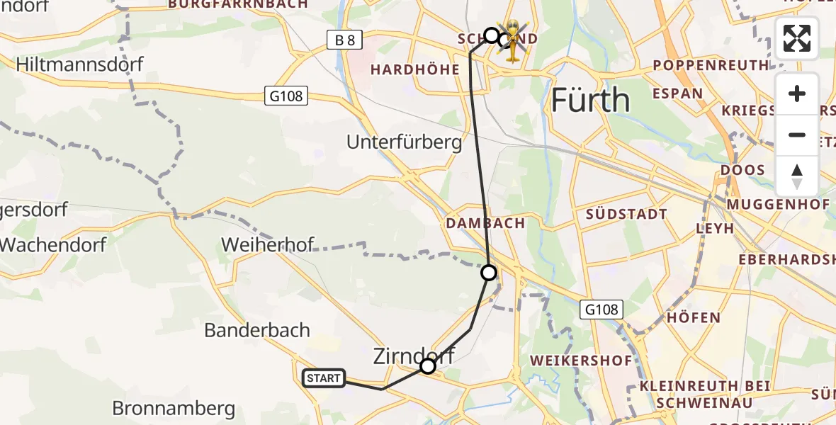 Routekaart van de vlucht: Rettungshubschrauber nach Fürth Hospital