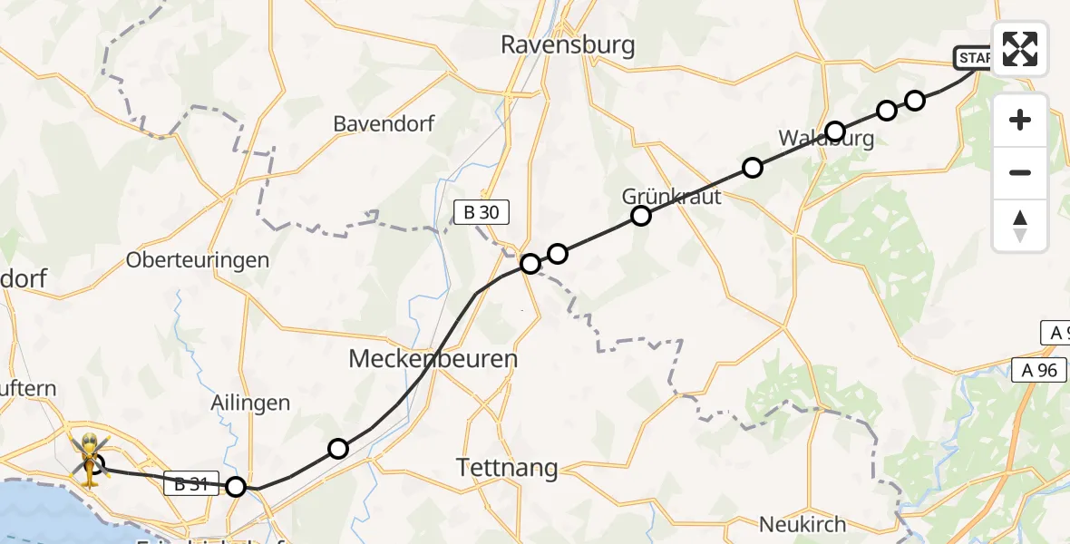 Flugroute Rettungshubschrauber Vogt - Friedrichshafen Hospital, 08 März 2026, 09:36