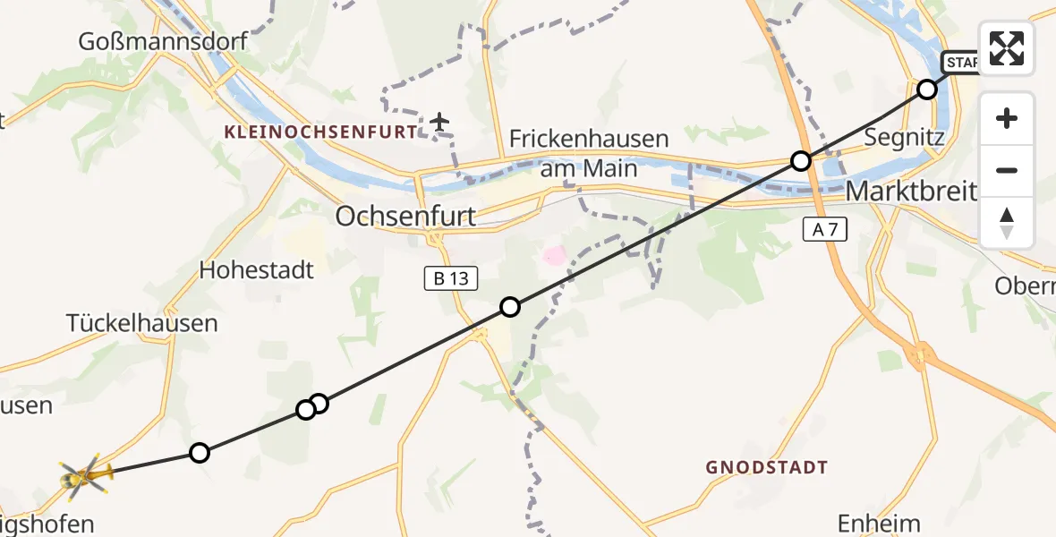Flugroute Rettungshubschrauber Marktbreit - Acholshausen, 08 März 2026, 09:51