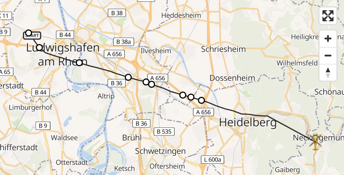 Flugroute Rettungshubschrauber Ludwigshafen Accident Hospital - Kleingemünd, 08 März 2026, 09:58