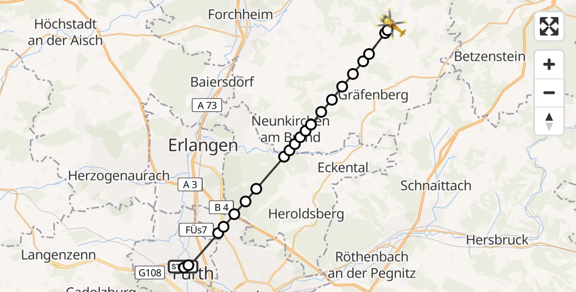 Flugroute Rettungshubschrauber Fürth Hospital - Affalterthal, 08 März 2026, 10:01
