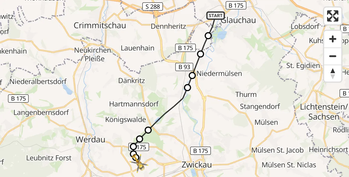Flugroute Rettungshubschrauber Glauchau - ADAC Air Rescue Station Zwickau Heliport, 08 März 2026, 10:05