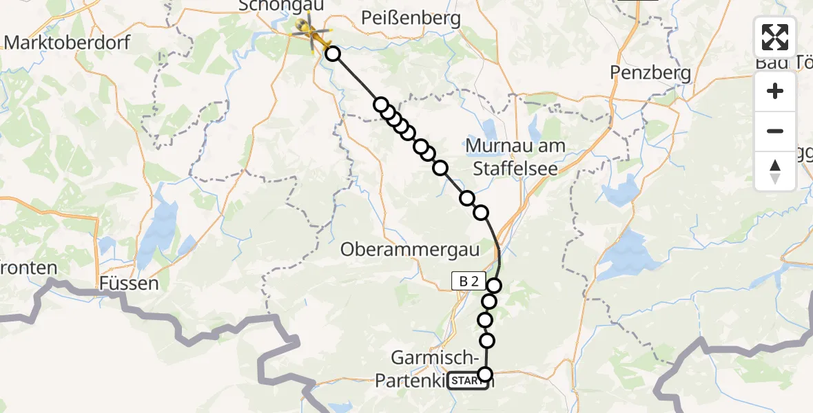 Flugroute Rettungshubschrauber Garmisch-Partenkirchen - Peiting, 08 März 2026, 10:07