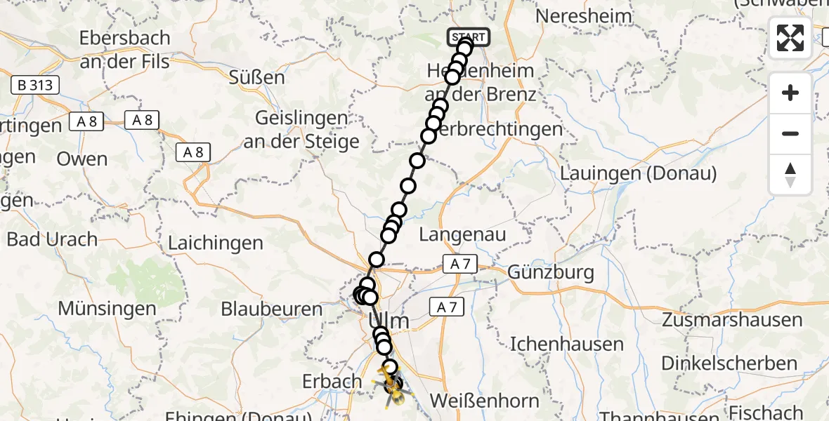 Flugroute Rettungshubschrauber Itzelberg - Illerkirchberg, 08 März 2026, 10:09