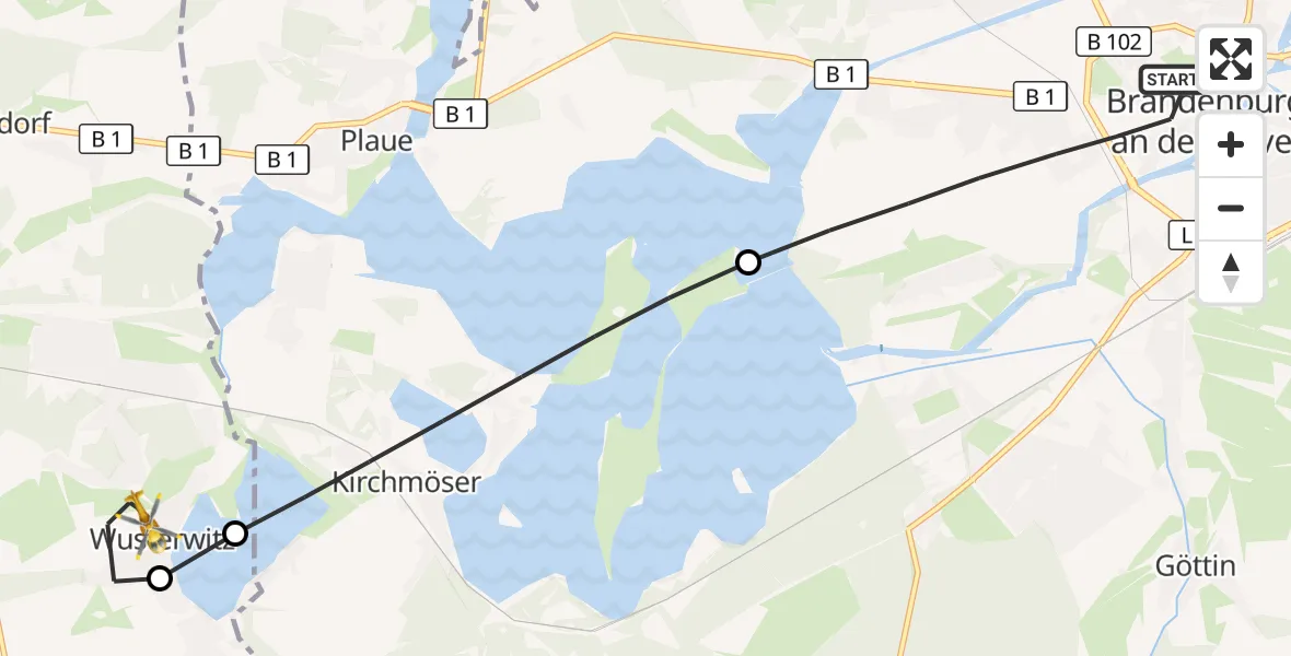 Flugroute Rettungshubschrauber Brandenburg an der Havel - Wusterwitz, 08 März 2026, 10:09