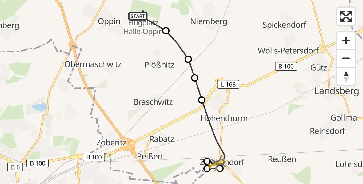 Flugroute Rettungshubschrauber Halle-Oppin Airfield - Landsberg, 08 März 2026, 10:10