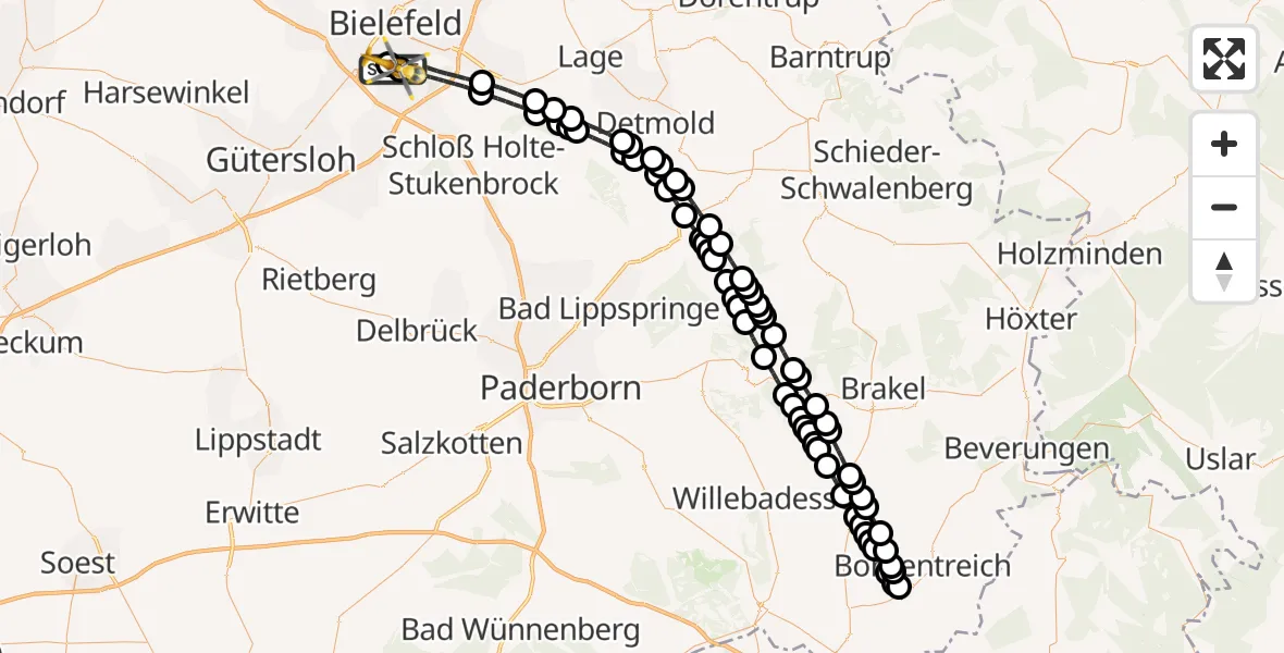 Flugroute Rettungshubschrauber Luftrettungszentrum Bielefeld - Luftrettungszentrum Bielefeld, 08 März 2026, 10:13
