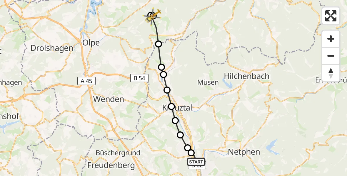 Flugroute Rettungshubschrauber Siegen - Kruberg, 08 März 2026, 10:22