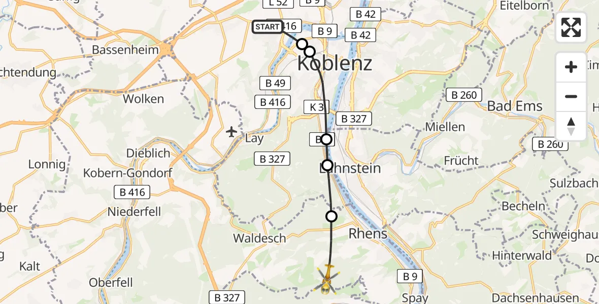 Flugroute Rettungshubschrauber Koblenz - Boppard, 08 März 2026, 10:26