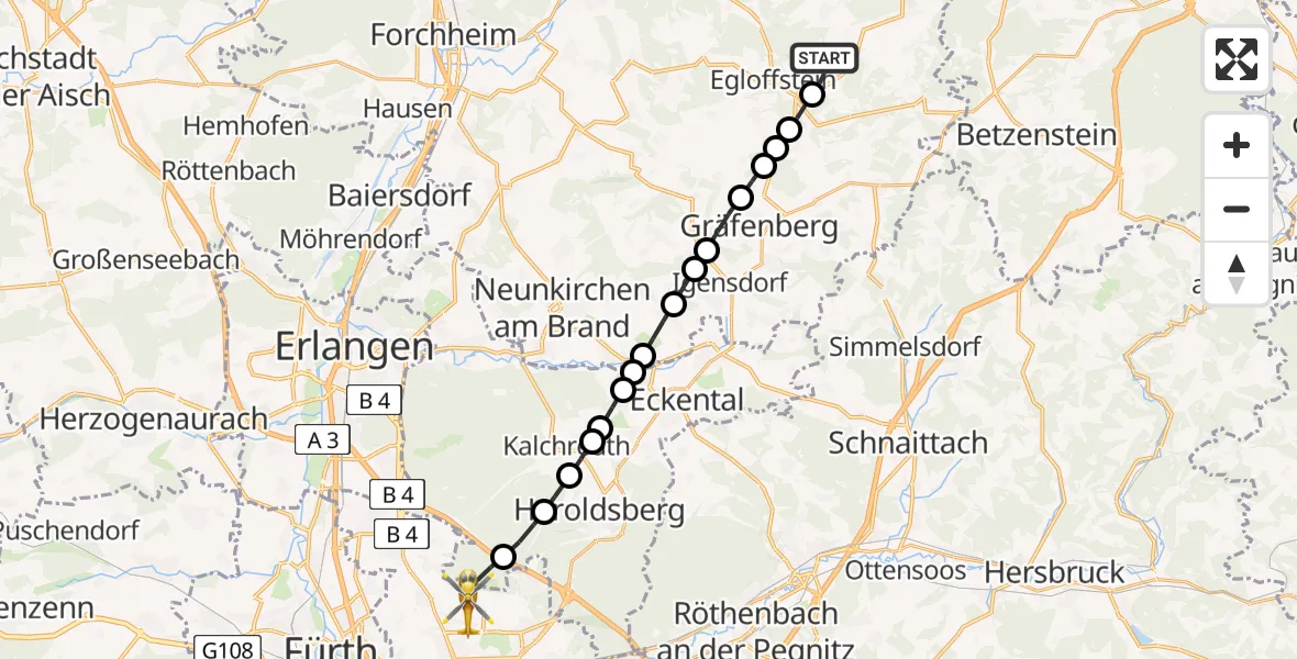 Flugroute Rettungshubschrauber Affalterthal - Nuremberg Airport, 08 März 2026, 10:30