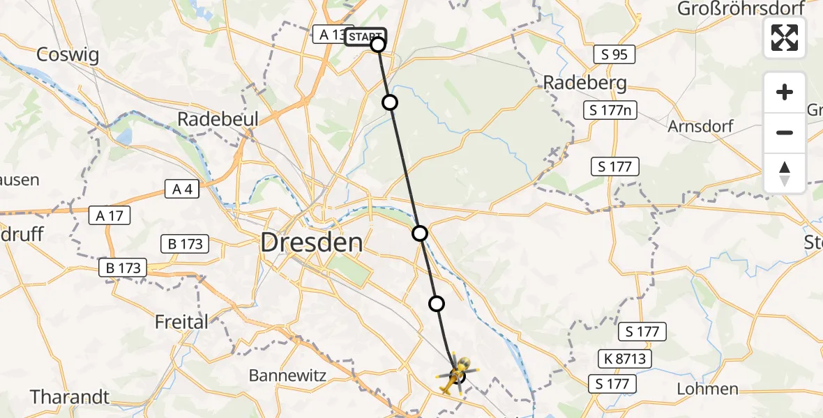 Flugroute Rettungshubschrauber Dresden Federal Police Heliport - Prohlis, 08 März 2026, 10:30
