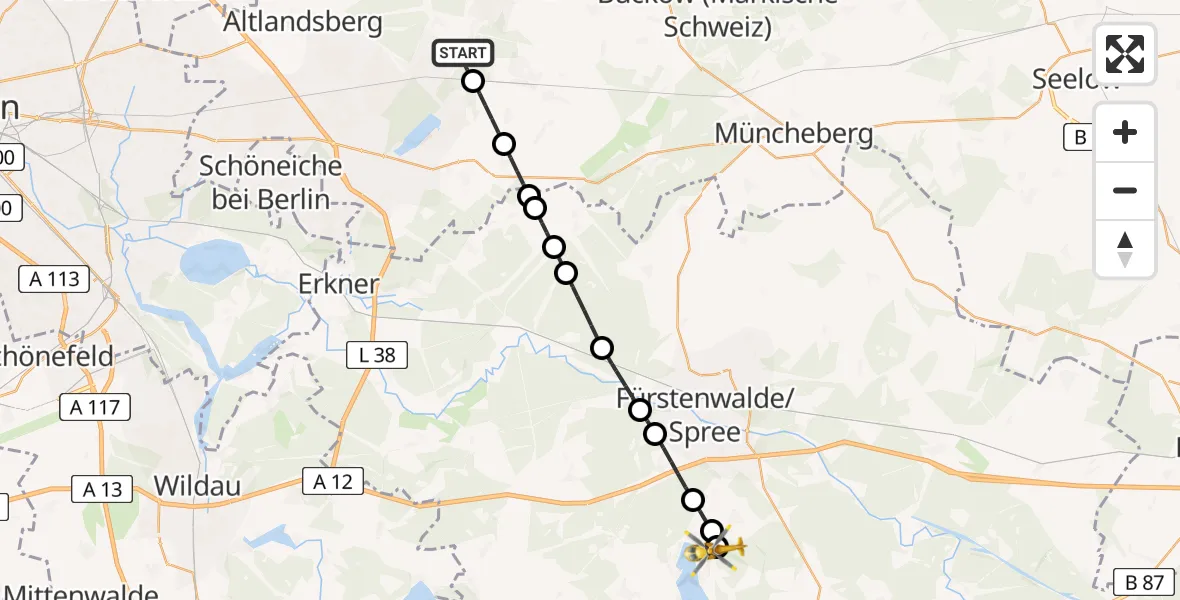Flugroute Rettungshubschrauber Strausberg - Bad Saarow, 08 März 2026, 10:32