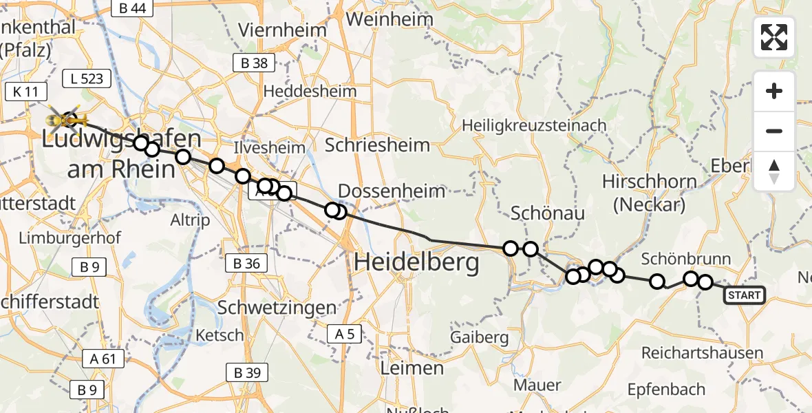 Flugroute Rettungshubschrauber Unterschwarzach - Ludwigshafen Accident Hospital Heliport, 08 März 2026, 10:44