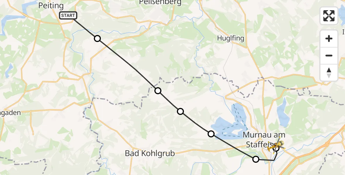 Flugroute Rettungshubschrauber Peiting - Murnau Accident Hospital, 08 März 2026, 10:51