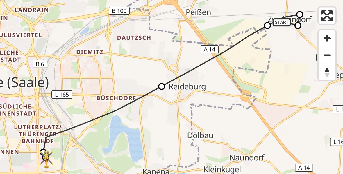 Flugroute Rettungshubschrauber Landsberg - BG Hospital Bergmannstrost Halle, 08 März 2026, 10:57