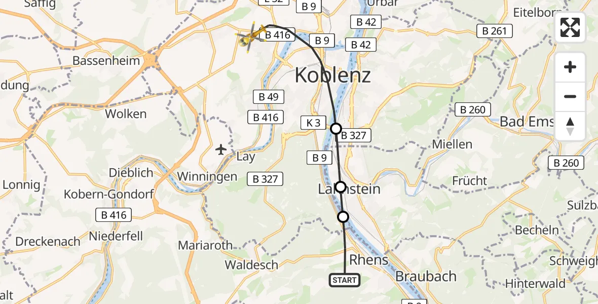 Flugroute Rettungshubschrauber Rhens - Koblenz, 08 März 2026, 11:07