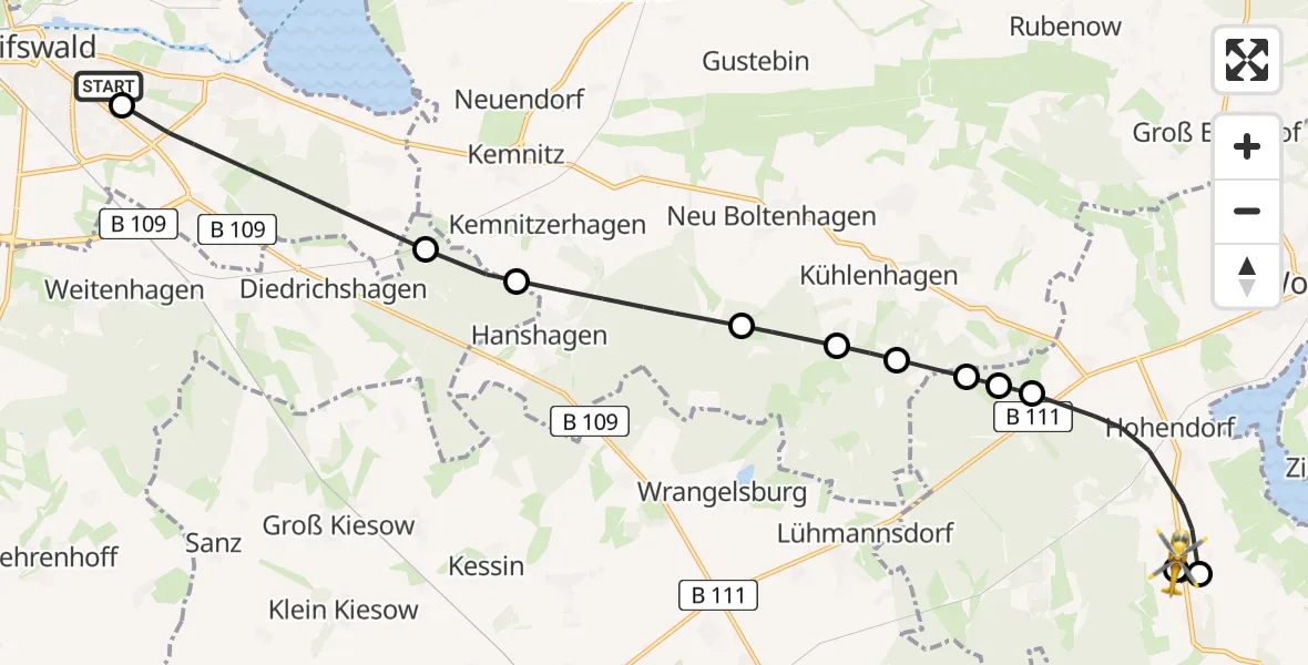 Routekaart van de vlucht: Rettungshubschrauber nach Wolgast, Zarnitz Hof